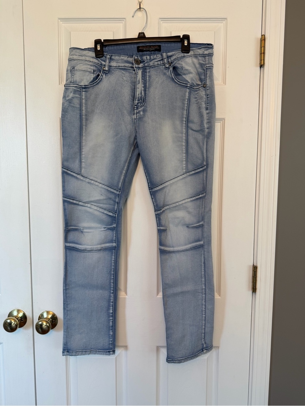 Slim Straight Light Blue Men's Jeans with Moto Paneling 36X30